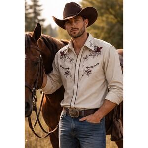 Vintage Miller Western Mens Beige Embroidered Pearl Button Up Shirt Sz 17.5-35